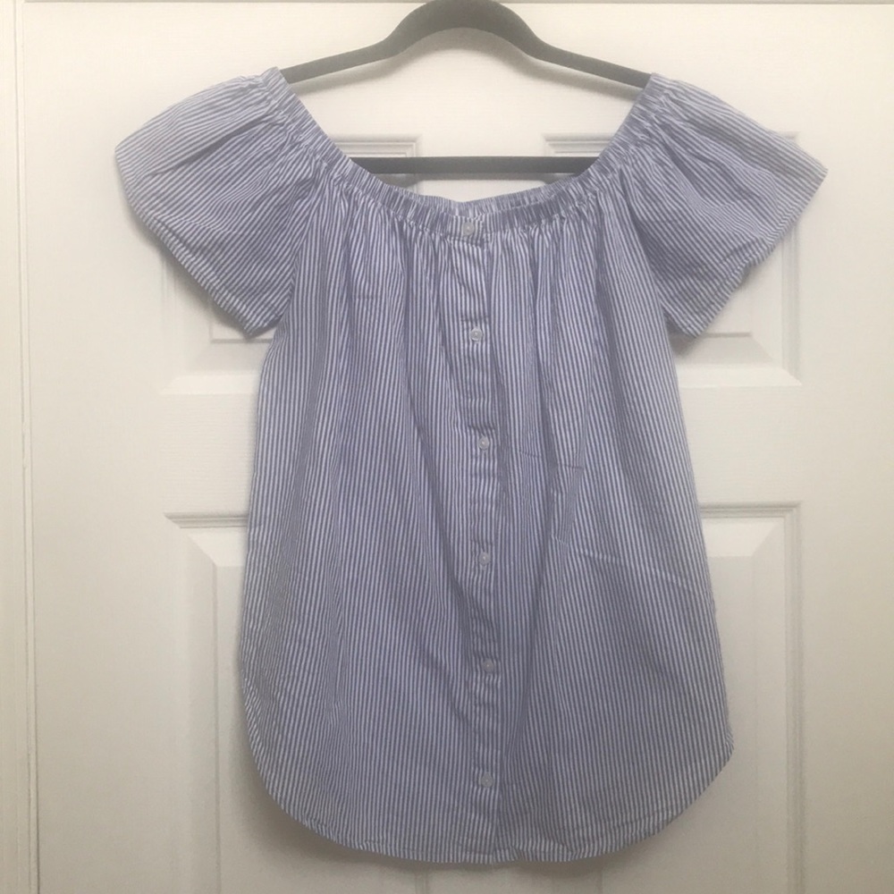 Blue Striped short Sleeve Button Up Top